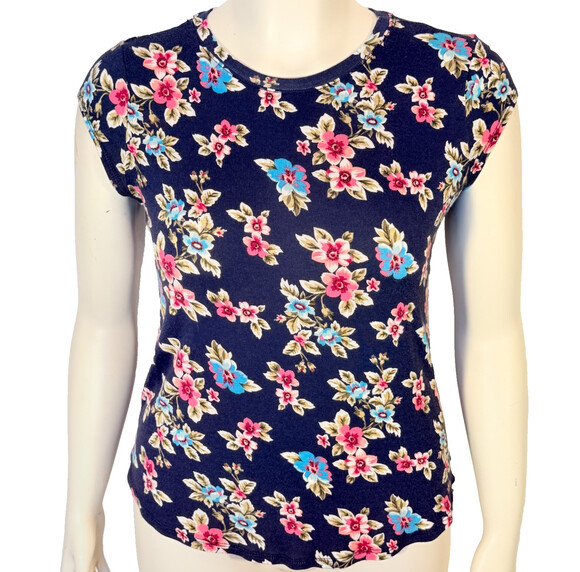 Blue Sol Tops - Blue Sol Tee Shirt Women's PL Navy Pink Blue Floral Cap Sleeve Crew Neck